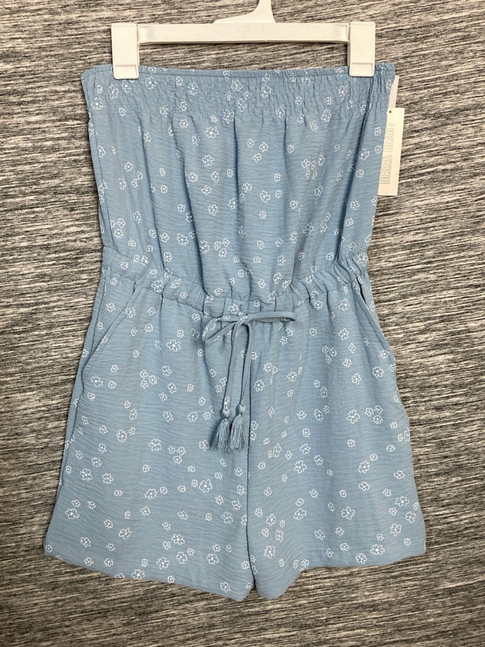 Derek Heart Light Blue Floral Strapless Romper with Drawstring